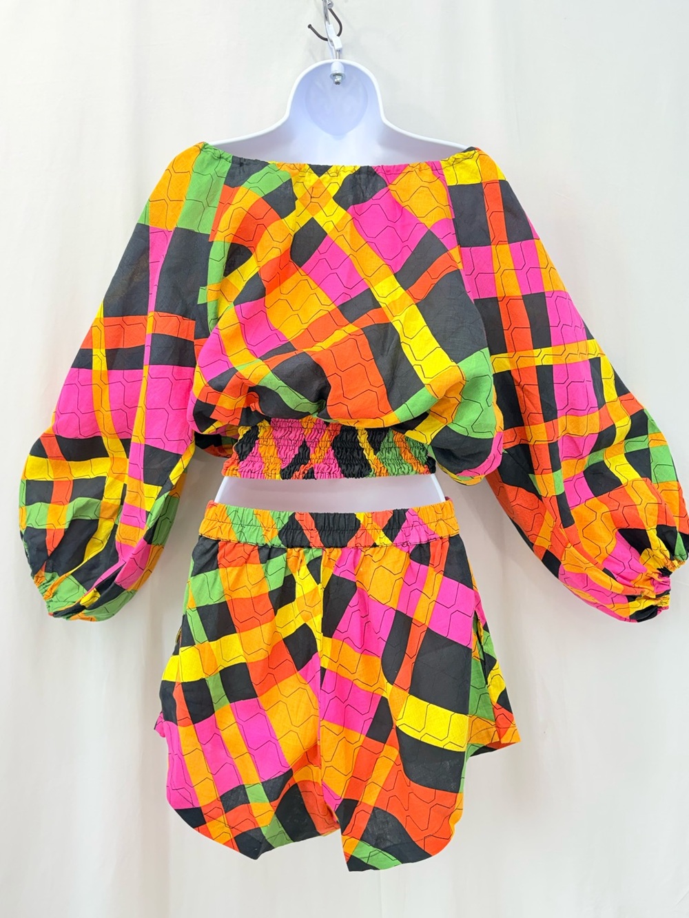 s/w/f boutique Artista Orange Pink Billow Sleeve Top & Shorts Small 100% Linen - Picture 4 of 17